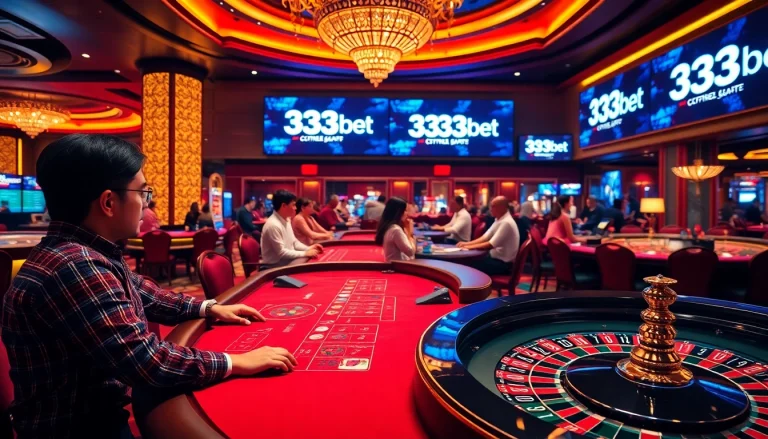 Exciting scene at 333bet casino with live dealers, poker chips, and roulette wheels.