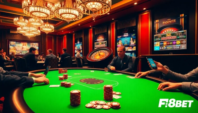 Experience thrilling gameplay at https://f8bet.dental/ with vibrant poker chips and intense players in a luxurious casino.