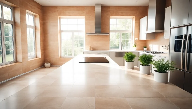 Carrelage élégant dans une cuisine moderne, baignée de lumière naturelle.