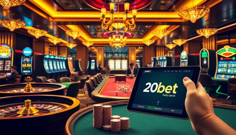 Engage with the excitement of 20bet's luxurious casino atmosphere, featuring vibrant gaming tables and joyful players.