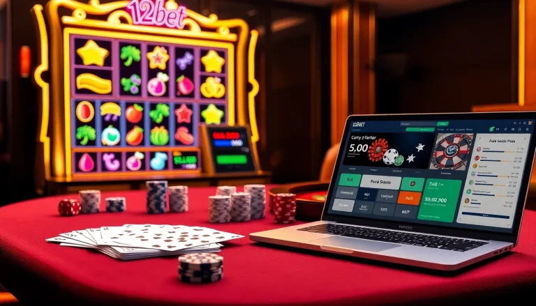 Engaging casino scene with link 12bet displayed on a sleek laptop, showcasing betting excitement.