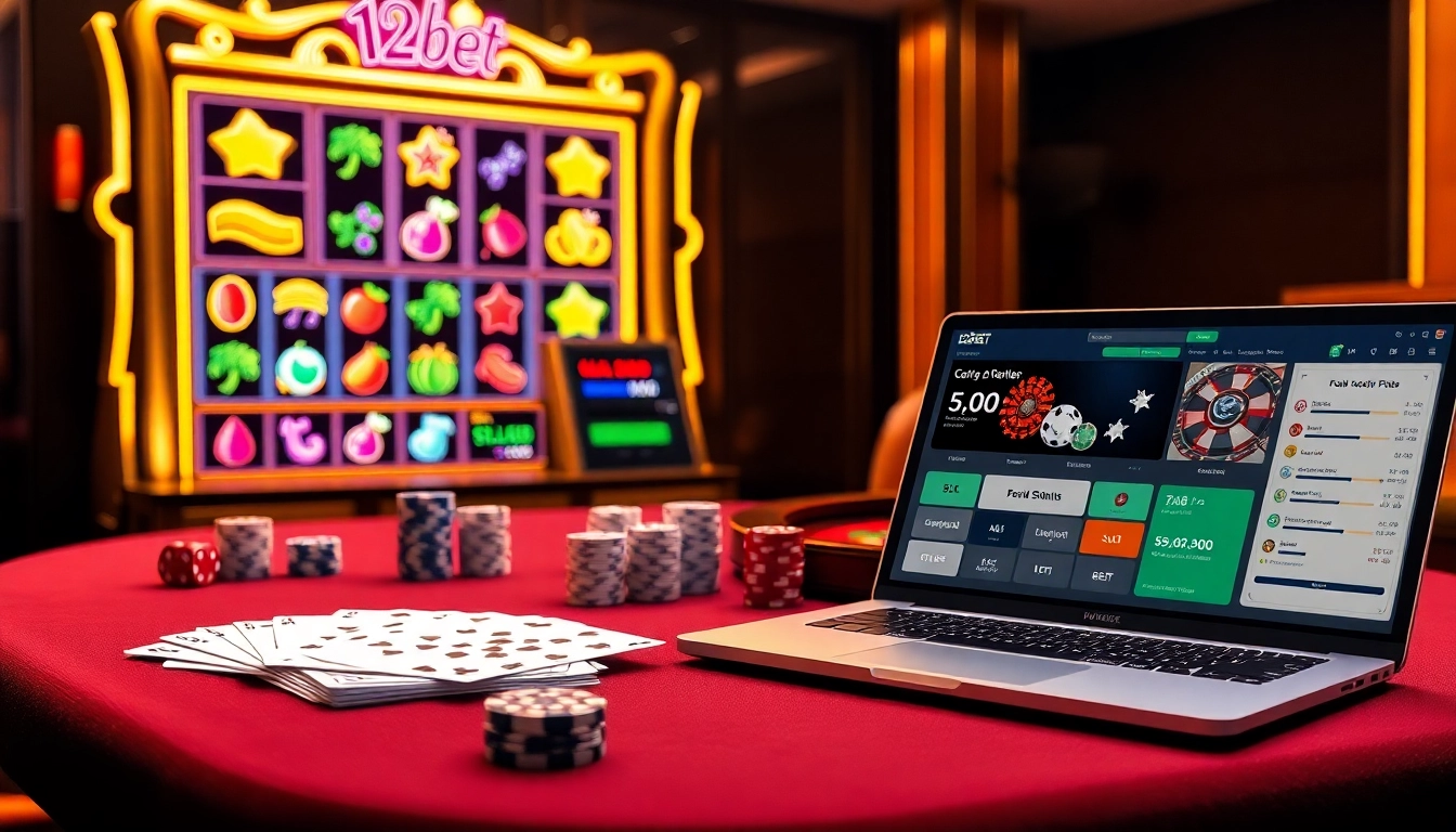 Engaging casino scene with link 12bet displayed on a sleek laptop, showcasing betting excitement.