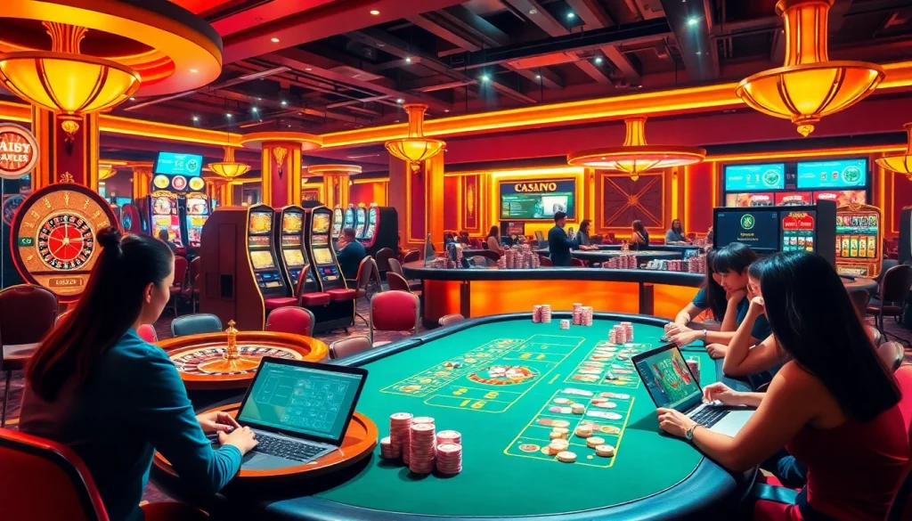 Experience the thrill of the meilleur casino en ligne français with vibrant gaming scenes, roulette wheels, and slot machines.