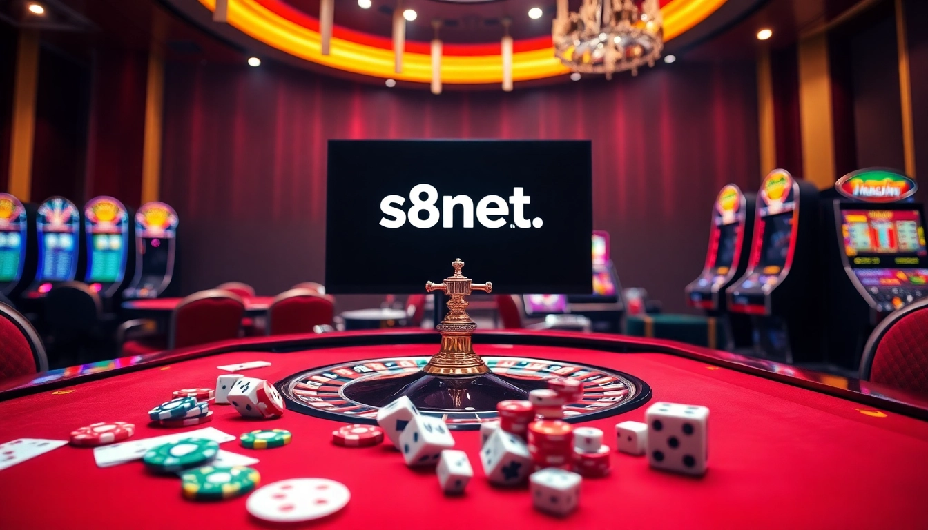 Experience the excitement of gambling at s8net.com with a vibrant casino scene filled with action and luxury.