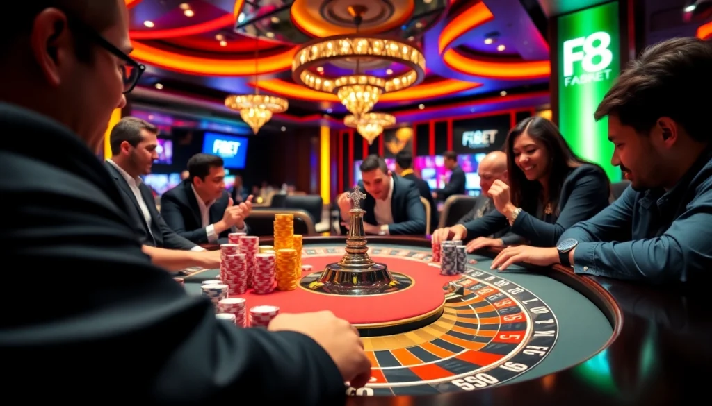 Players engaging in thrilling games at F8BET casino with vibrant poker chips and roulette wheels.