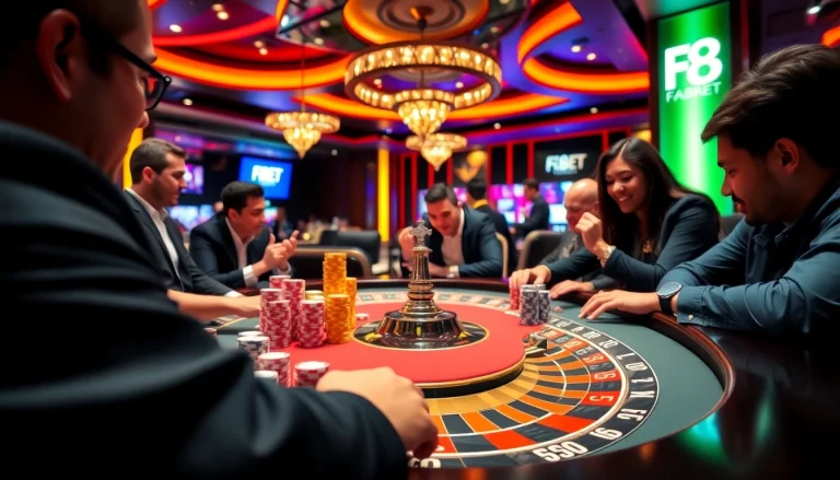 Players engaging in thrilling games at F8BET casino with vibrant poker chips and roulette wheels.