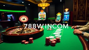 Experience thrilling gameplay at 78WINCOM with exciting poker tables and vibrant casino elements.