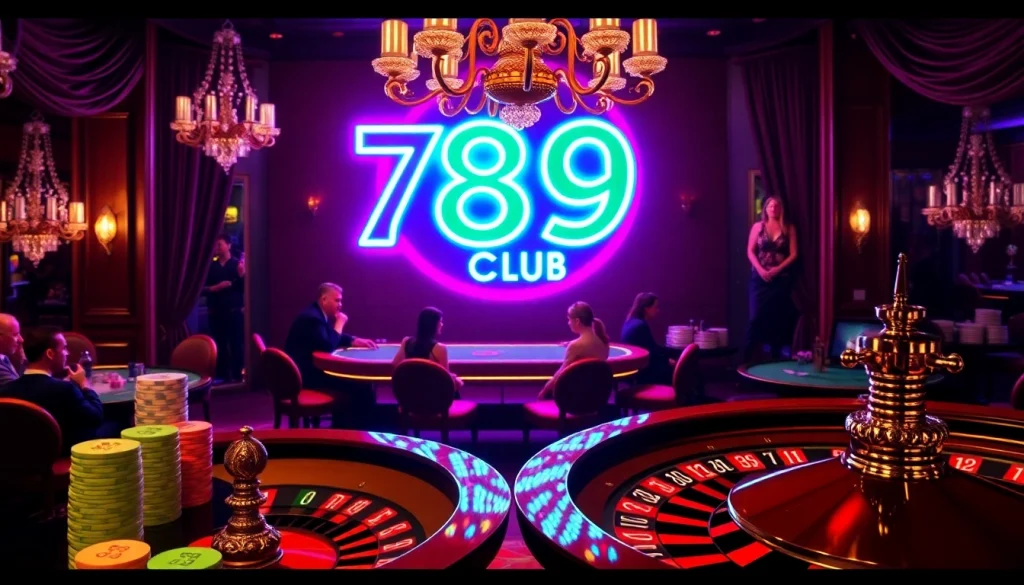 Exciting poker table scene depicting 789 club's vibrant gaming atmosphere with players and chips.