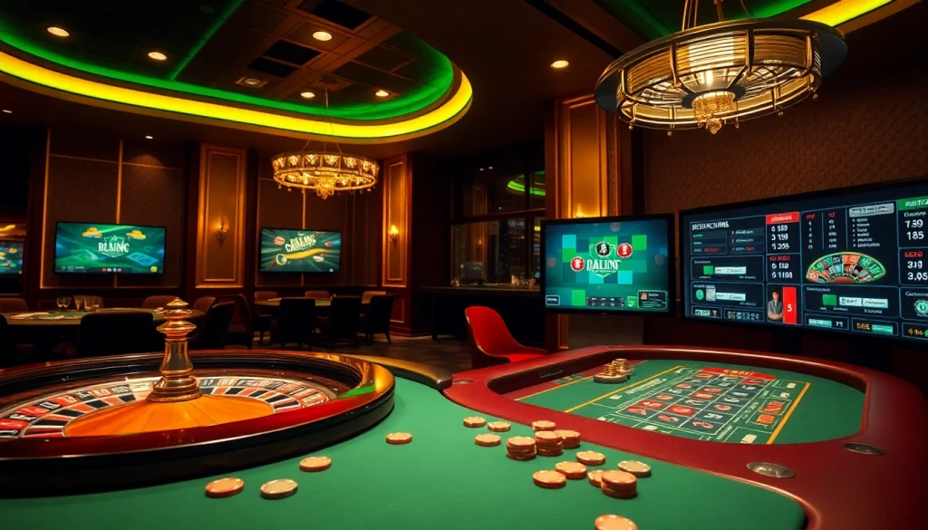 Engaging casino scene showcasing online gambling with chips and roulette wheel in 'casino en ligne argent réel'.