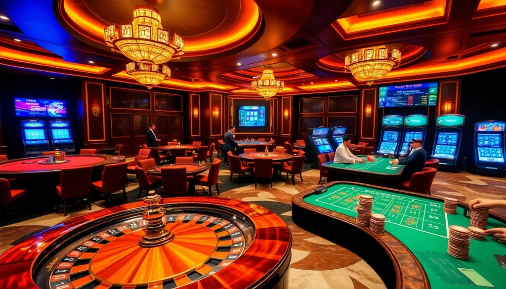 Engaging scene of luxury casino with tỷ lệ kèo nhà cái displayed on screen, highlighting betting excitement.