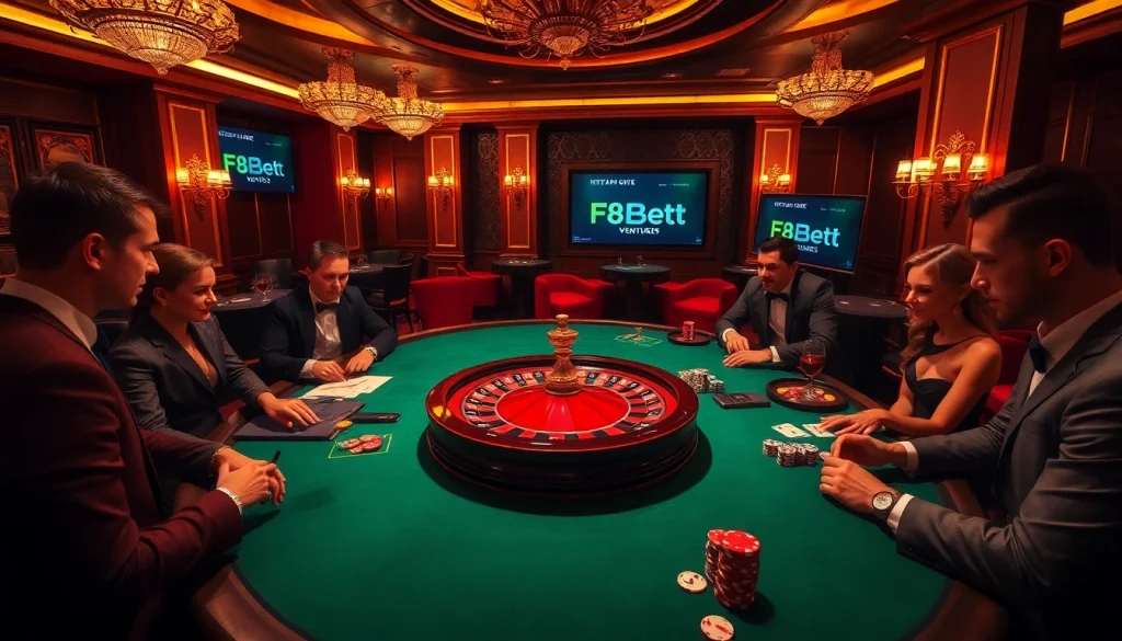 Experience thrilling gameplay at https://f8bet.ventures/, featuring elegant casino tables and excited gamblers.