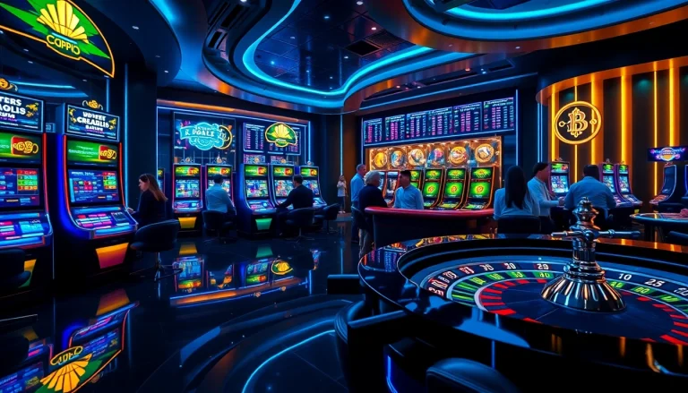 Engaging players at a crypto casinos table filled with vibrant slot machines and neon lights.