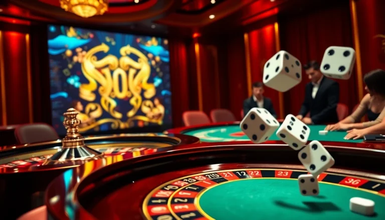 Plongez dans l'atmosphère dynamique du casino en ligne, avec une roue de roulette et une table de poker.
