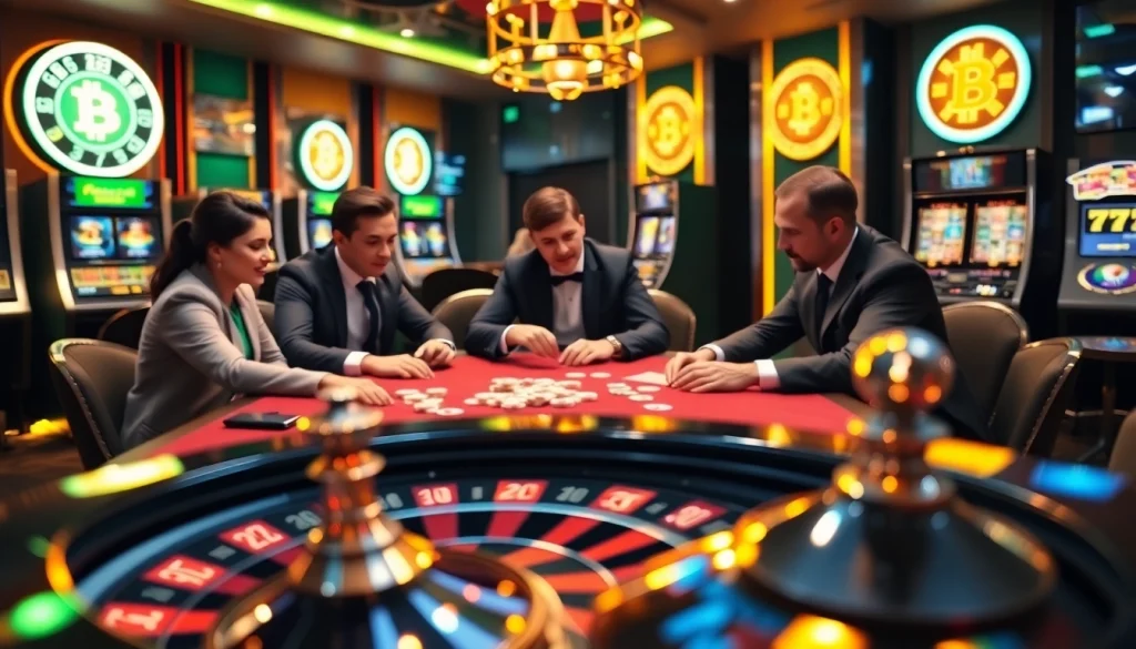 Winning at a Bitcoin casino poker table with chips and sleek slot machines in a luxurious setting.