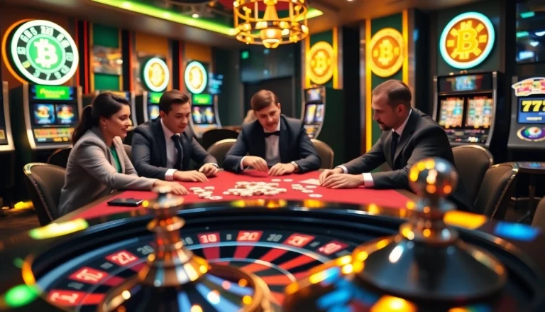 Winning at a Bitcoin casino poker table with chips and sleek slot machines in a luxurious setting.