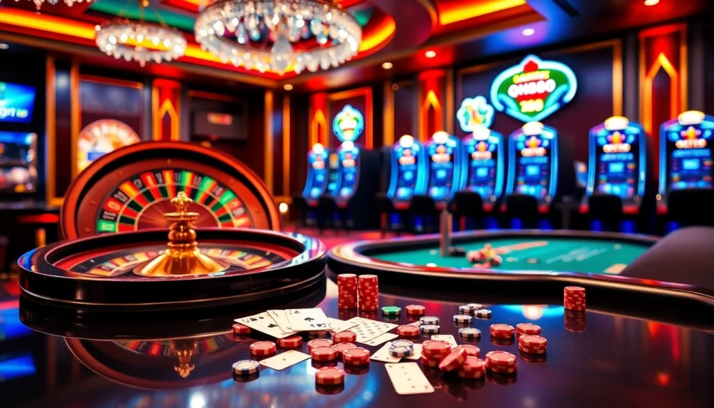 Experience thrilling gameplay at qh88 with a dynamic casino scene showcasing roulette and poker.