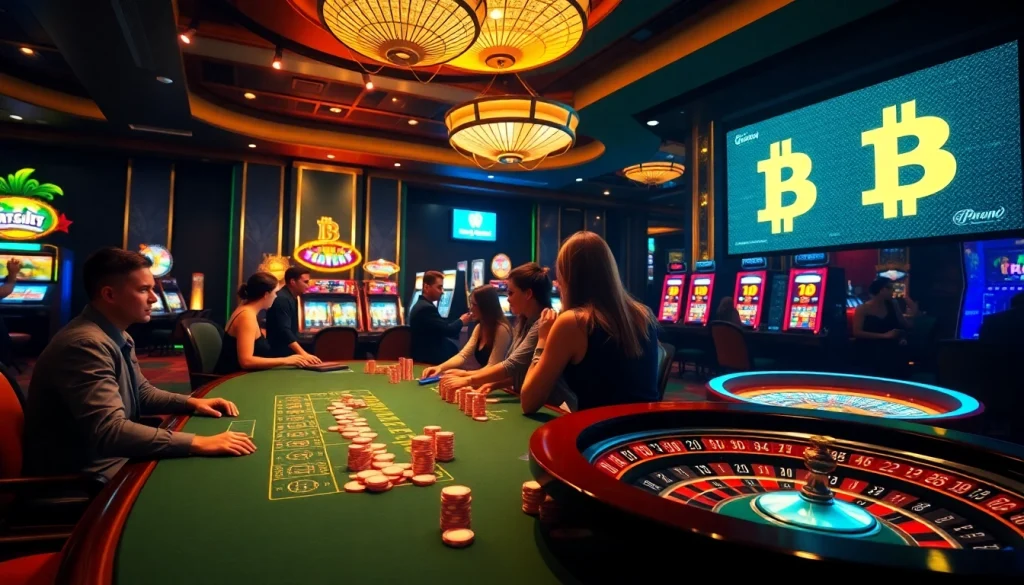 Engaging scene at Bitcoin casinos with players enjoying games at a gaming table.