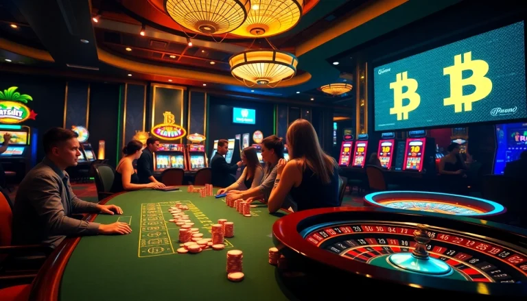 Engaging scene at Bitcoin casinos with players enjoying games at a gaming table.