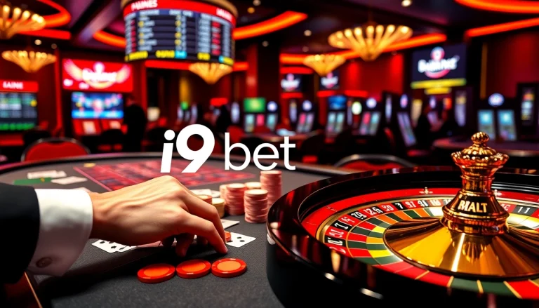Engaging i9bet casino scene featuring a gaming table, poker chips, and roulette wheel.