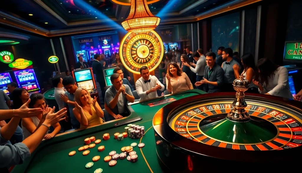 Engaged players at a cm88sm casino table with vibrant colors and exciting gaming atmosphere.
