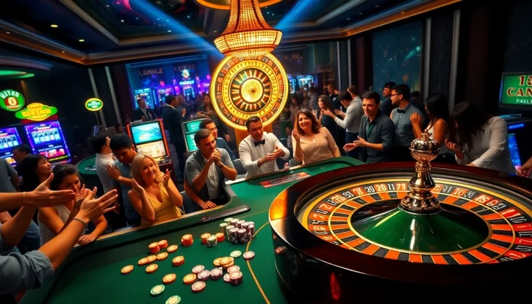 Engaged players at a cm88sm casino table with vibrant colors and exciting gaming atmosphere.