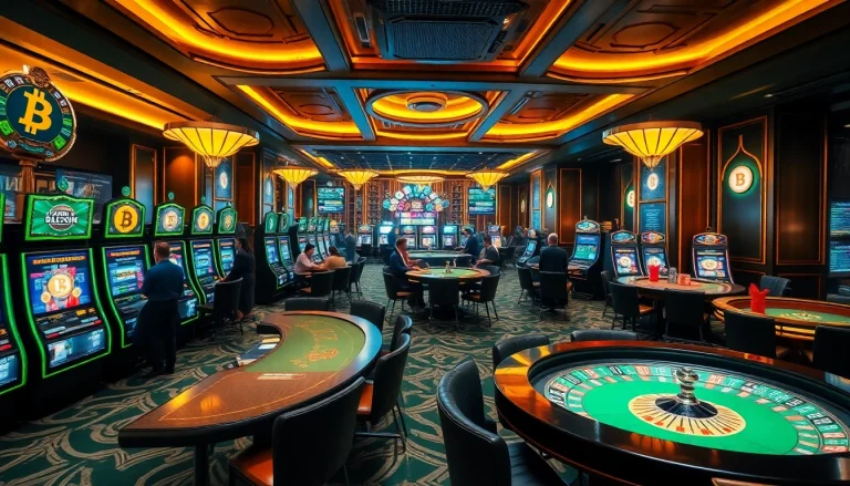 Scène de casinos Bitcoin palpitante avec des machines à sous luxueuses et des tables de poker dans une ambiance dynamique.