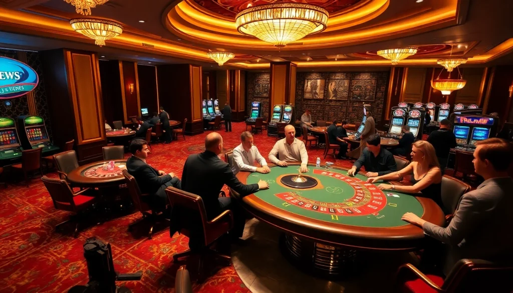 Engaging casino scene at https://rr88sn.com/ showcasing poker table and roulette wheel in a vibrant atmosphere.
