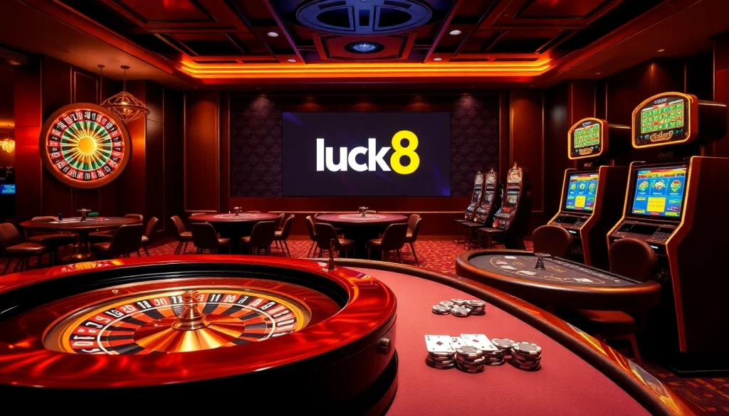 Experience the excitement of Luck8 with vibrant casino games and roulette tables.