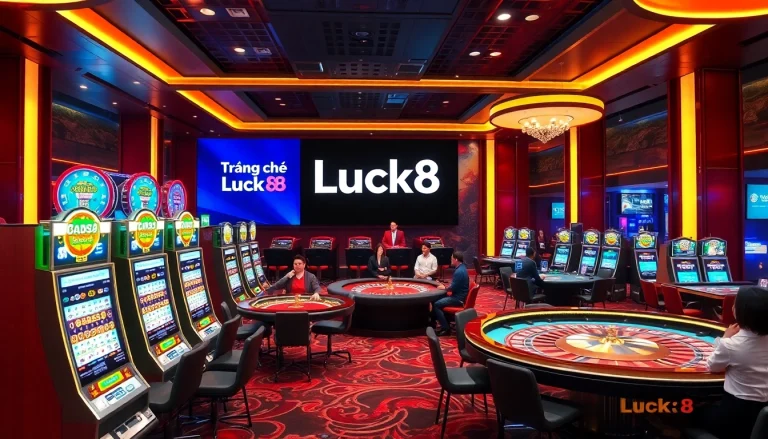 Exciting casino gaming scene representing Trang chủ Luck8 with vibrant slot machines and elegant tables.