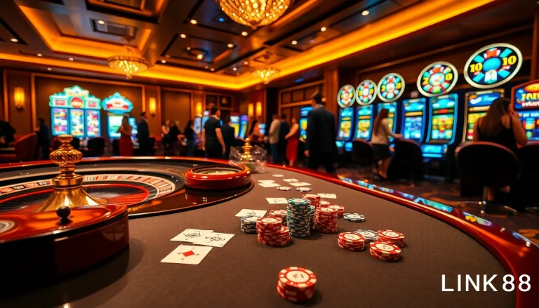 Play thrilling card games at LINK LC88's luxury casino atmosphere with vibrant tables and excitement.