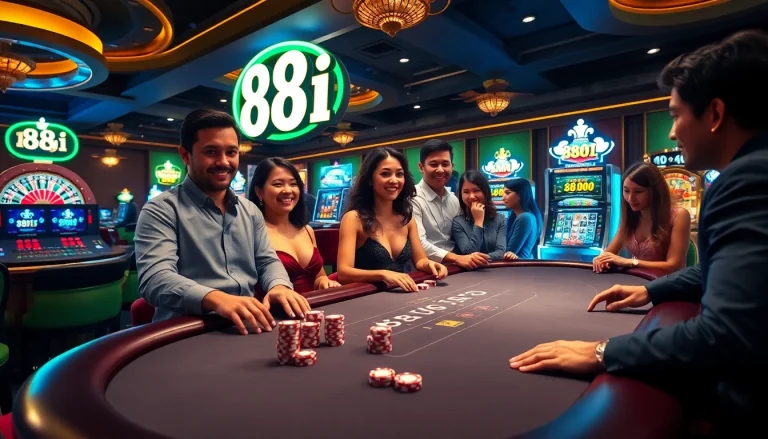 Players enjoying a thrilling game of blackjack at 88i's vibrant casino table, with excitement in the air.