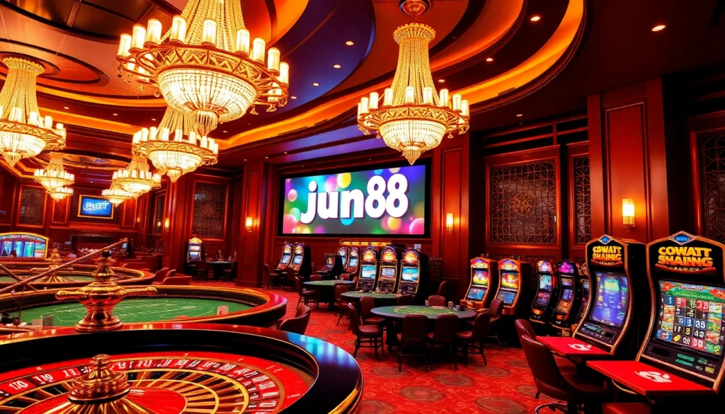 Engaging gamblers at jun88 with a luxurious casino atmosphere featuring roulette and poker tables.