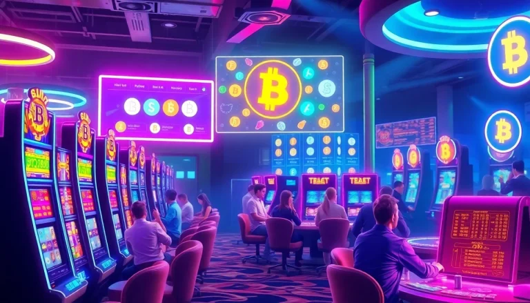 Les joueurs interagissent dans un crypto casino animé, illuminé par des lumières vives et des symboles de cryptomonnaie.