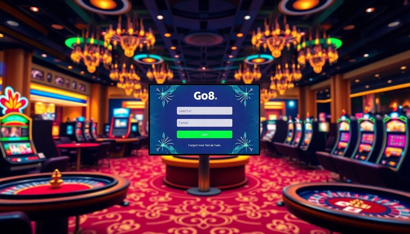 Experience a secure login process with Đăng Nhập GO8 in a luxurious casino setting featuring gaming tables and slot machines.