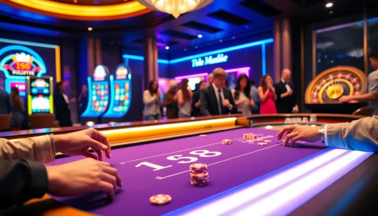 Excited players engaging with the FLY88 casino table, showcasing vibrant poker chips and immersive gameplay.
