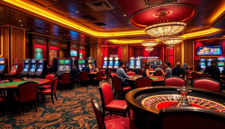 Engaging at B52club with players enjoying casino games and vibrant slot machines.