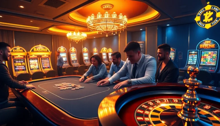 Des joueurs profitant de jeux à enjeux élevés dans les casinos Bitcoin, dégageant excitation et luxe.