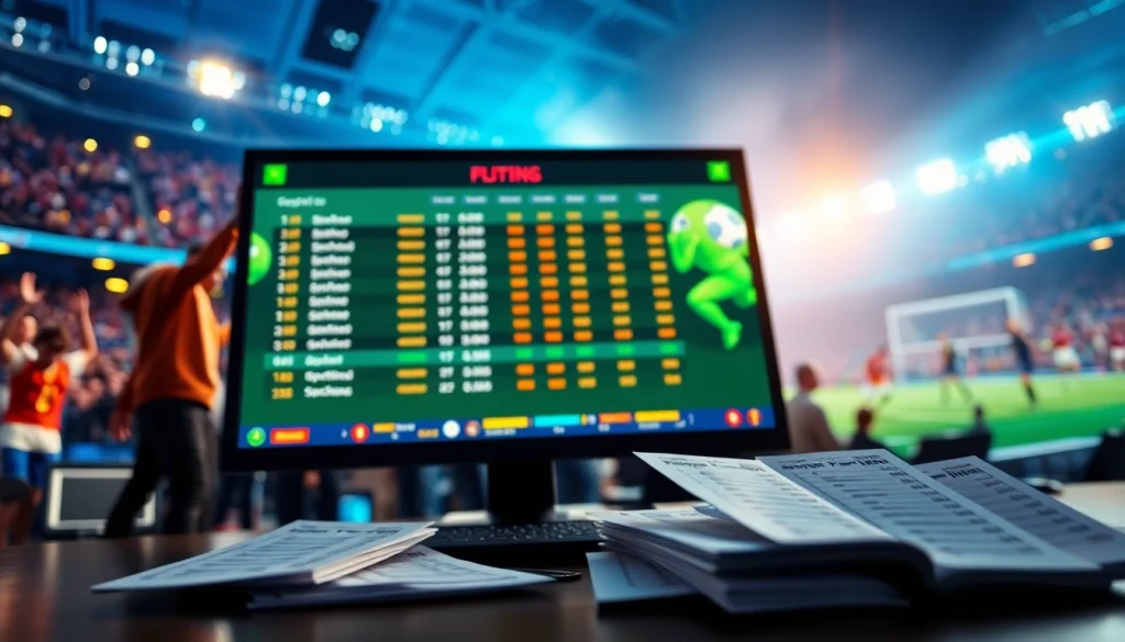 Pariez sur le site de paris sportifs avec des ordinateurs et des billets d'enjeu colorés.