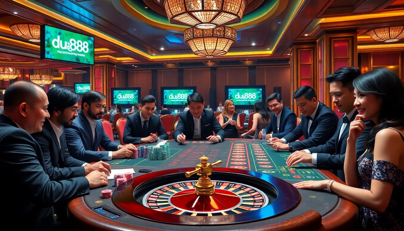 Players enjoying games at Du88's luxurious casino tables with colorful chips and warm lighting.