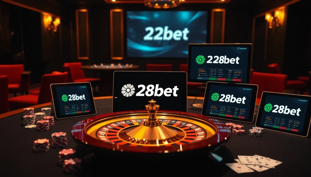Experience the thrill of playing at 28bet with a luxury casino interface and vibrant gaming elements.