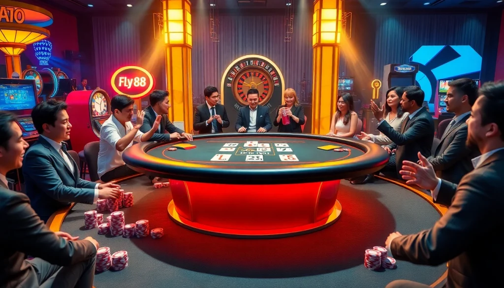Exciting gaming action at FLY88 with players engaged at a luxurious casino table.