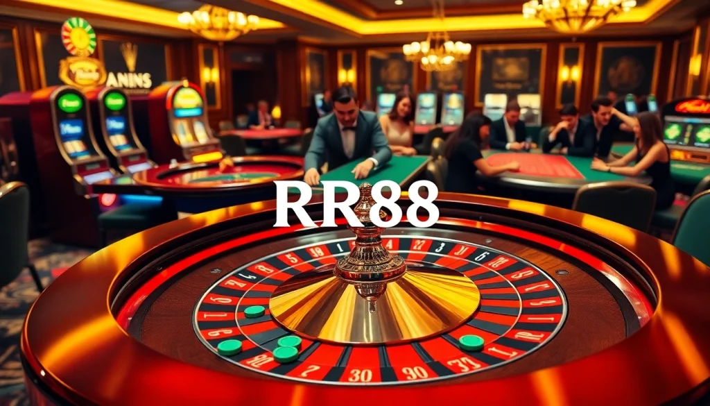 Players placing bets at the RR88 roulette table in an upscale casino atmosphere.