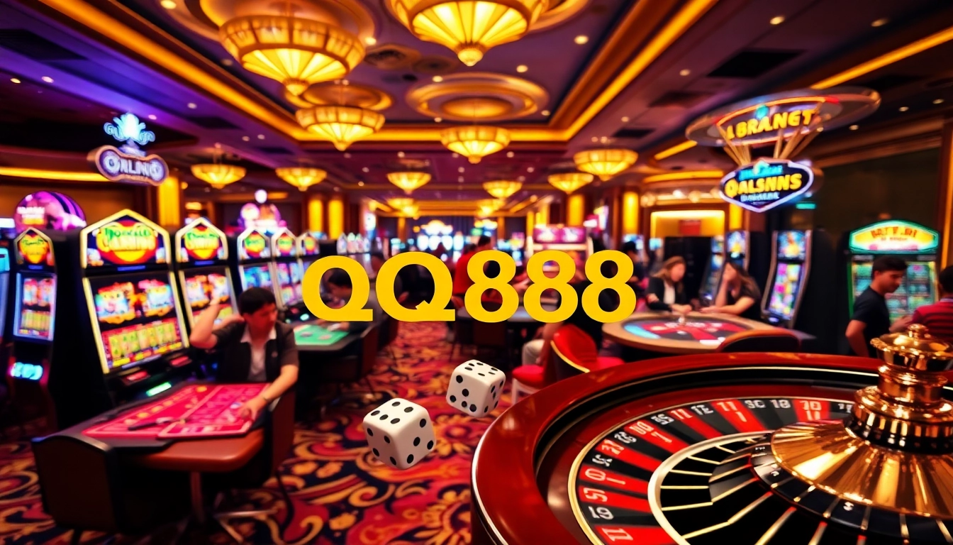 Players engaging in thrilling casino games at qq888, surrounded by vibrant slot machines and poker chips.