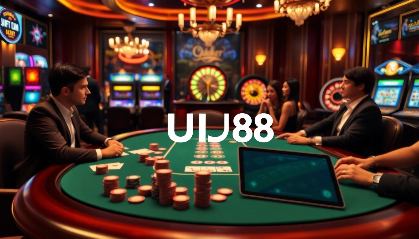 Exciting high-stakes poker game at UU88 casino with poker chips and cards.