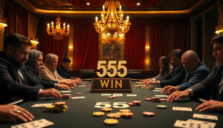 Experience the thrill of the 555 win at an elegantly designed poker table with colorful chips and cards.