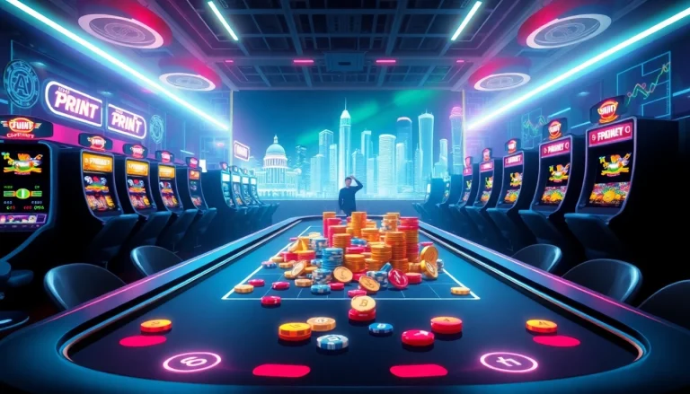 Le crypto casino illuminé avec des machines à sous futuristes et une table de jeu animée.