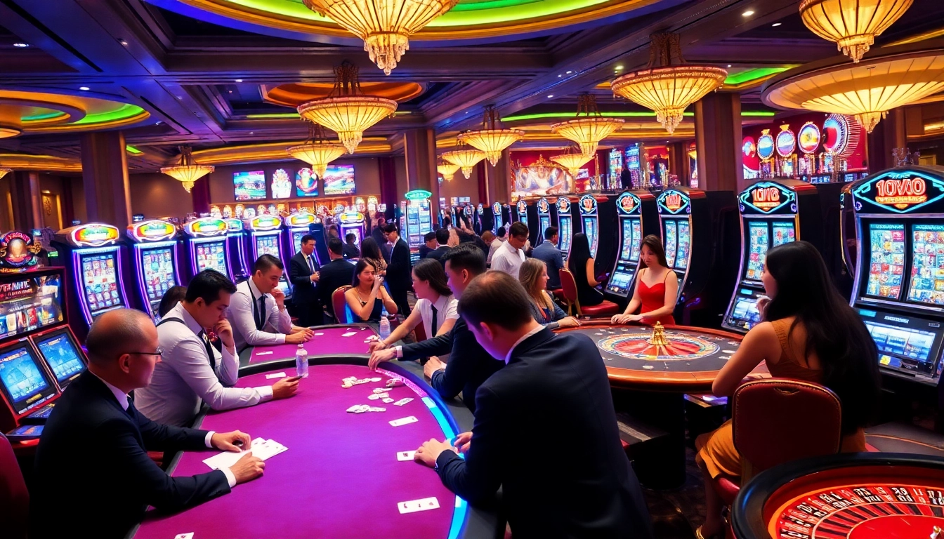 Excited players winning at FM88 casino tables with colorful slot machines in the background.