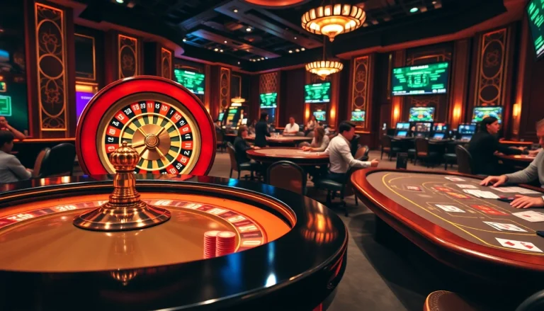 Exciting gameplay scene at crypto casinos with roulette, poker, and vibrant neon lights.