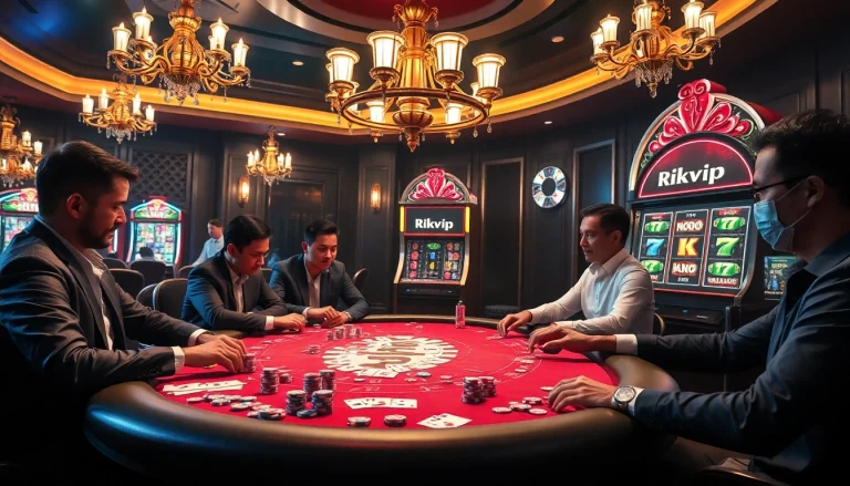 Rikvip players enjoy a luxurious casino environment, anticipating thrilling poker winnings and vibrant slot machines.