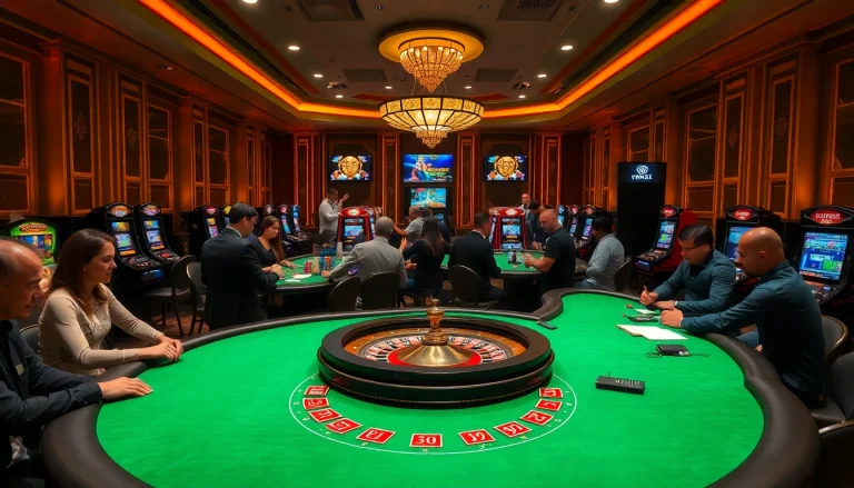 Players enjoying games at a vibrant crypto casino with a roulette wheel and slot machines.